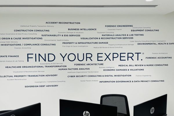 An office wall graphic of buzzwords surrounding the main phrase of "FIND YOUR EXPERT."