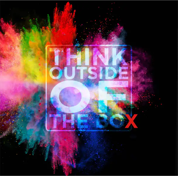 Colorful explosion of powder paint with text 'Think Outside The Box'